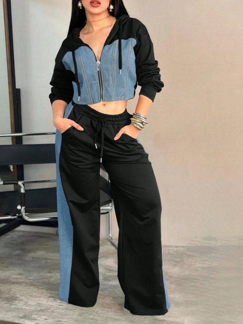 NEW! 2pc Set Denim Colorblock Two-Tone Blue & Black Joggers Track Pants Set